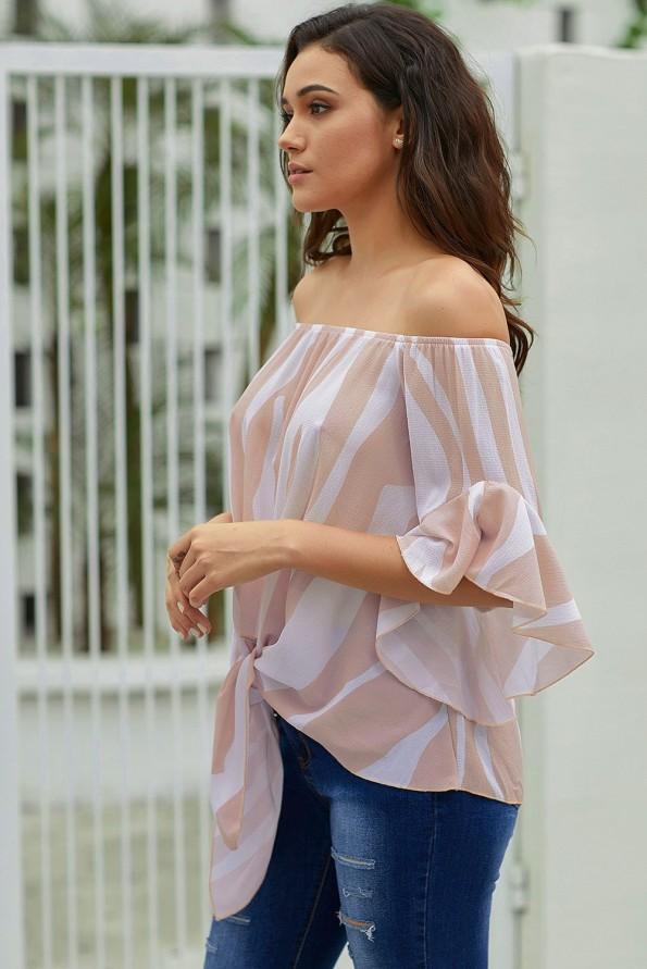 Roza bluza Penny s črtami in odprtimi rameni