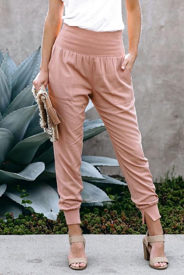 Roza bombažne jogger hlače Lola z žepi