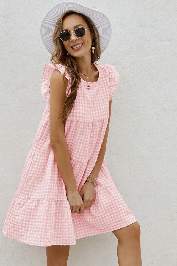 Roza karirasta kratka obleka Selah