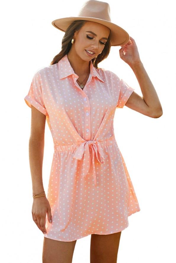 Roza kratka obleka Hanna z ovratnikom