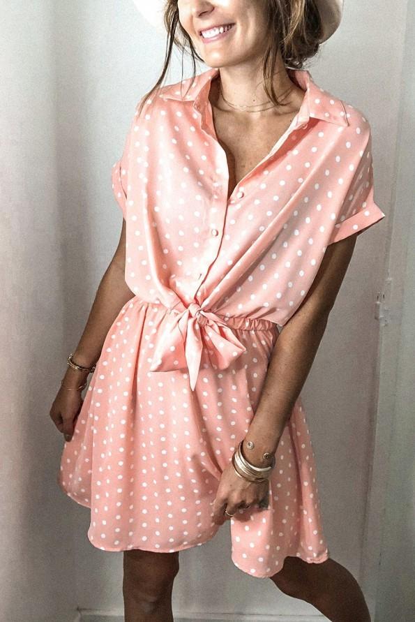 Roza kratka obleka Hanna z ovratnikom