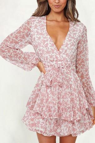 Roza kratka oblekica s kratkimi rokavi in okrasnim volančkom Pinky