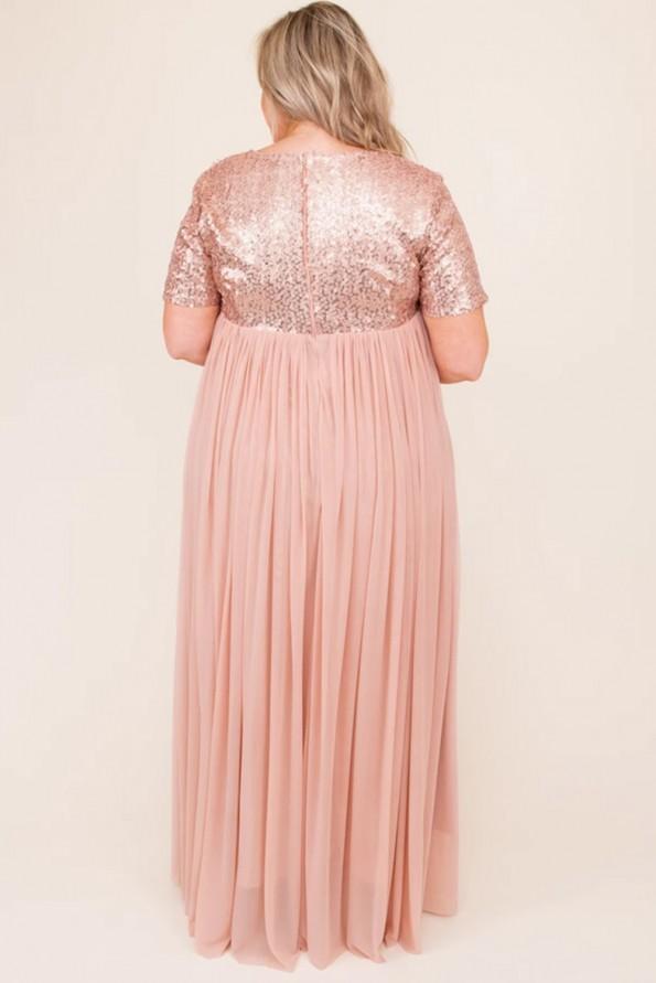 Roza Maxi obleka s kratkimi rokavi in ​​z bleščicami z rožnatimi bleščicami Mayda