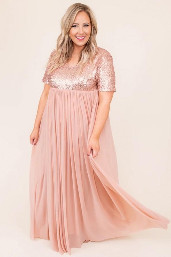 Roza Maxi obleka s kratkimi rokavi in ​​z bleščicami z rožnatimi bleščicami Mayda