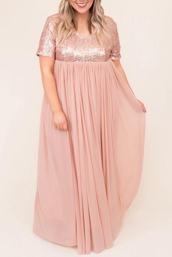 Roza Maxi obleka s kratkimi rokavi in ​​z bleščicami z rožnatimi bleščicami Mayda