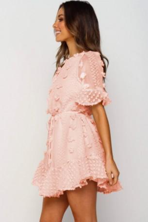 Roza mini obleka z dekoracijskimi čipkami Lina
