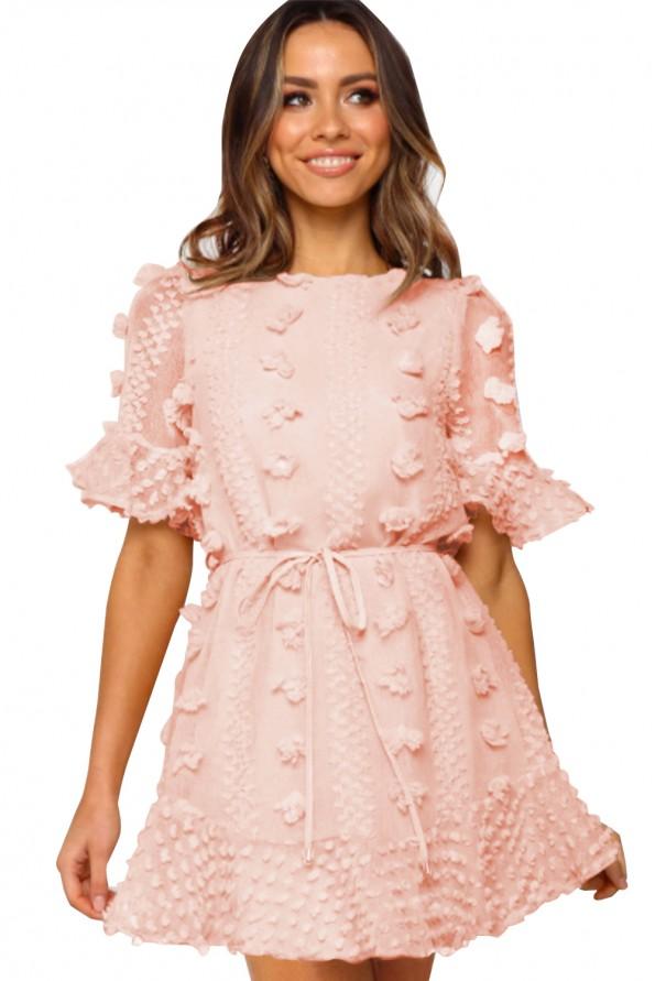 Roza mini obleka z dekoracijskimi čipkami Lina
