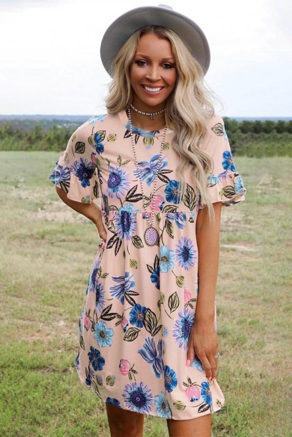 Roza obleka Udora s cvetličnim potiskom in volančki