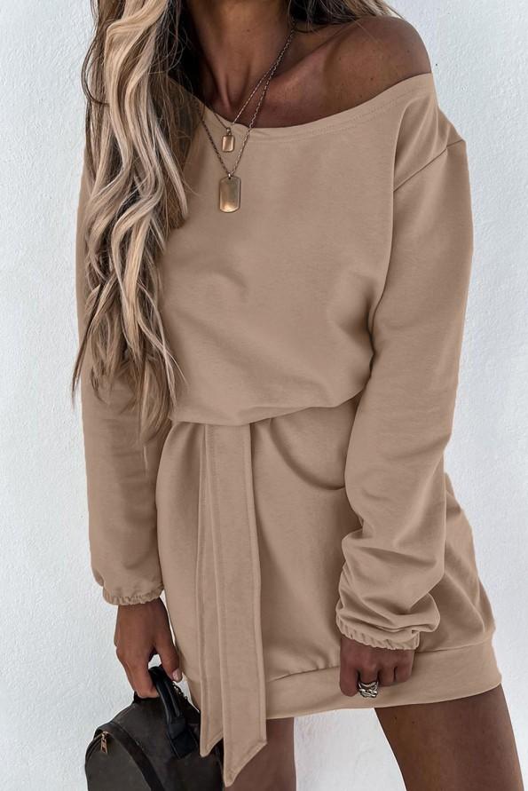 Roza priložnostna mini obleka z dolgimi rokavi in ​​rožnatimi pasovi Daniela