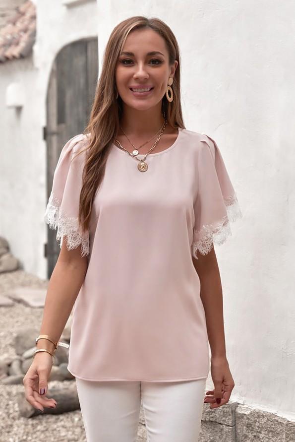 Roza satenasta kratka majica Denise s čipkami