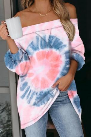 Roza tie dye pulover Natalia z golimi rameni