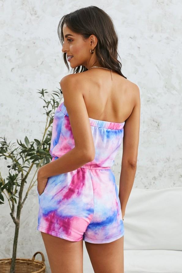 Roza tie dye romper Lara z odprtimi rameni