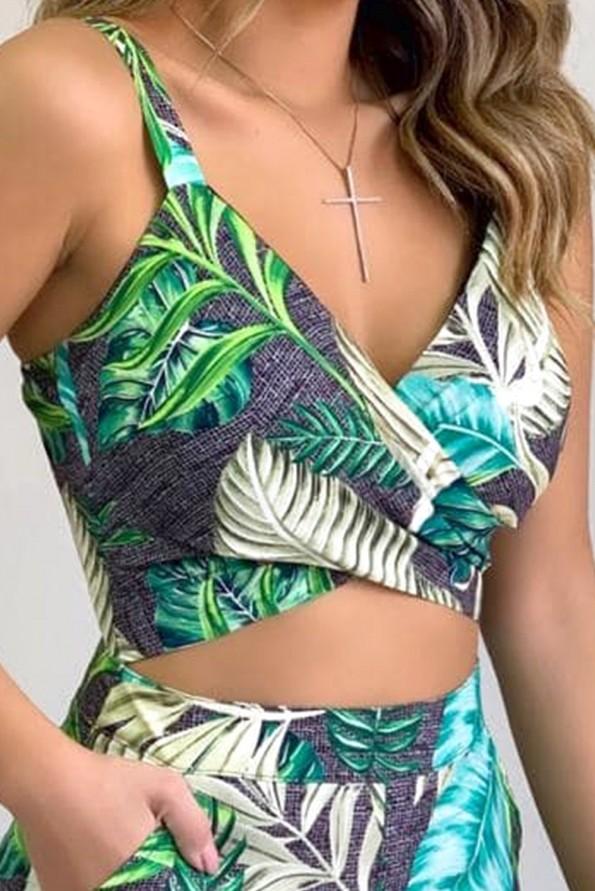 Siv oprijeti kratki kombinezon Ryann s potiskom tropskega listja