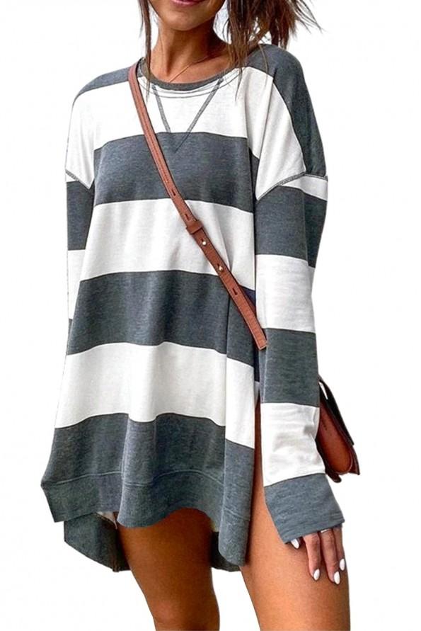 Siv prevelik pulover Valentina z okroglim ovratnikom