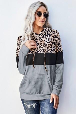 Siv pulover Sienna s kapuco in leopardjim potiskom