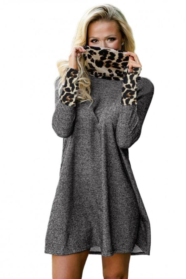 Siva bombažna mini obleka Bella z ovratnikom leopardjega motiva