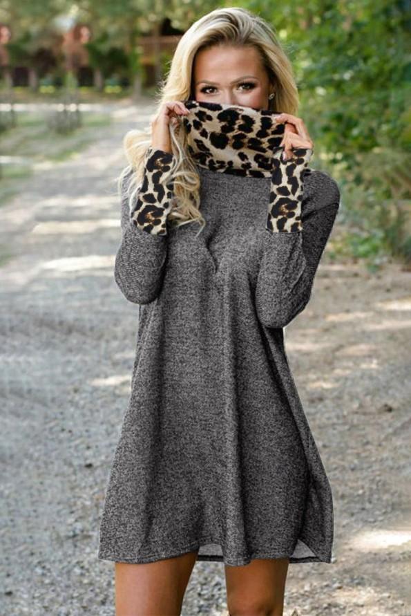 Siva bombažna mini obleka Bella z ovratnikom leopardjega motiva