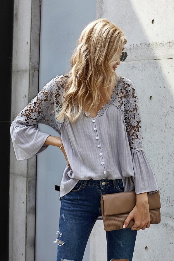 Siva ohlapna bluza Autumn na gumbe