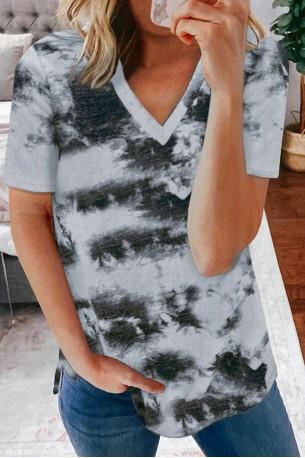 Siva tie dye kratka majica Thea z V izrezom