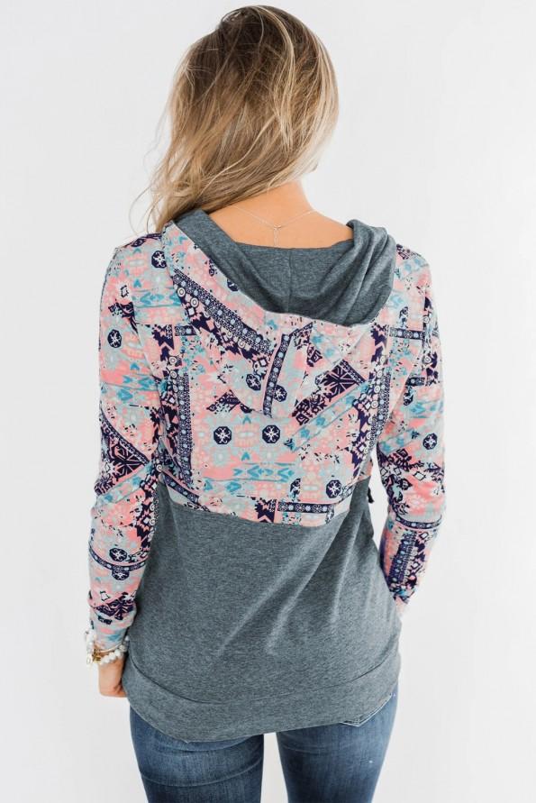 Sivi boho tisk pulover s kapuco Daisy