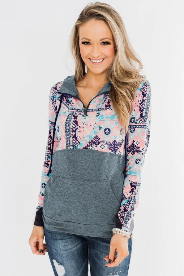 Sivi boho tisk pulover s kapuco Daisy