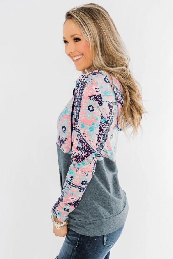 Sivi boho tisk pulover s kapuco Daisy