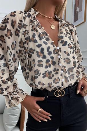 Srajca z gumbi na rokavih z leopard potiskom in z izrezom Henna