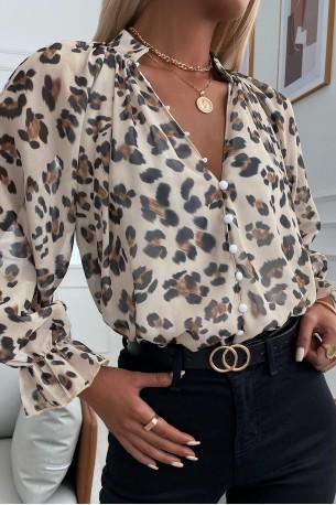Srajca z gumbi na rokavih z leopard potiskom in z izrezom Henna