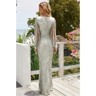 Srebrna večerna obleka Frances z resicami na rokavu