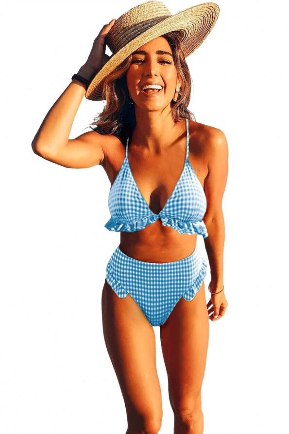 Svetlo moder karirast bikini komplet Erin z volančki