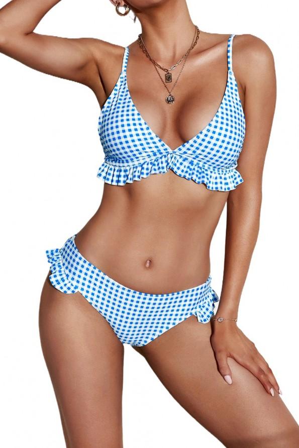 Svetlo moder karirast bikini komplet Erin z volančki
