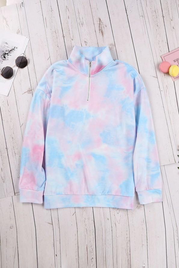 Svetlo moder tie dye pulover Valeria s kapuco