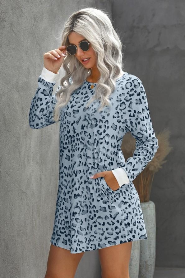 Svetlo modra mini obleka Iris z leopardjim potiskom