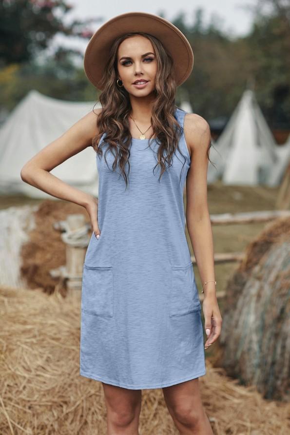 Svetlo modra poletna kratka obleka Nancy z žepi