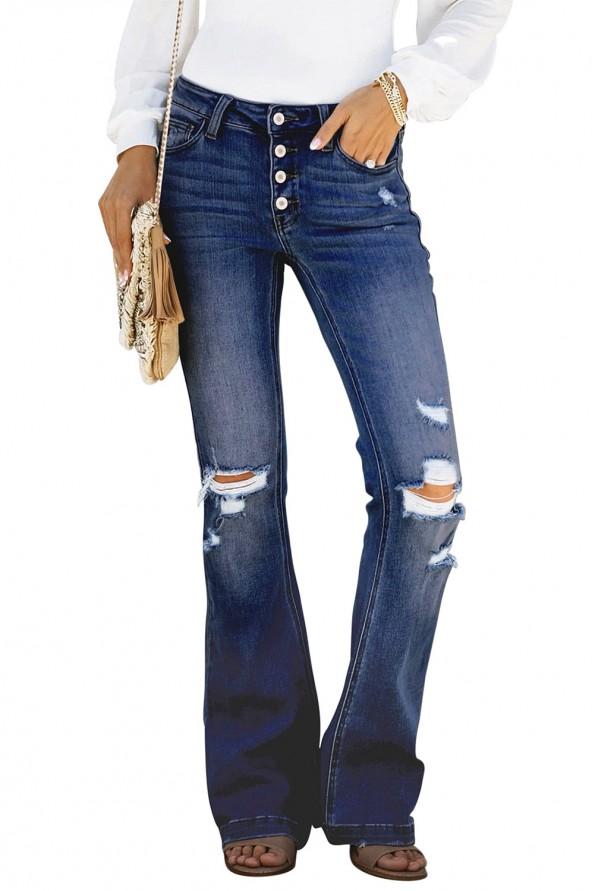 Temno modre bombažne kavbojke Clara s srednje visokim pasom in zarezami