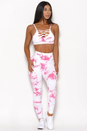 Tie dye športni komplet Chiana s križastim modrčkom in legicami