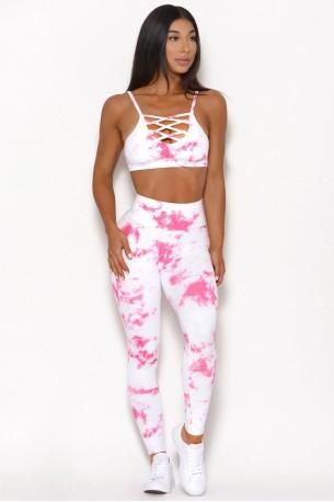 Tie dye športni komplet Chiana s križastim modrčkom in legicami