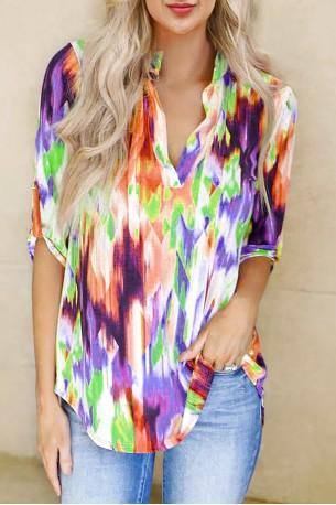 Večbarvna bluza Elsie z gumbi in tie-dye motivom
