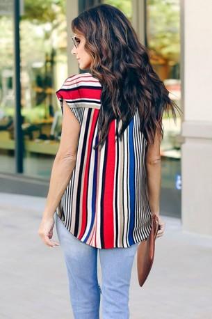 Večbarvna črtasta bluza Lucille z zadrgo in zavihanimi rokavi