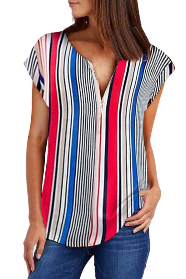 Večbarvna črtasta bluza Lucille z zadrgo in zavihanimi rokavi