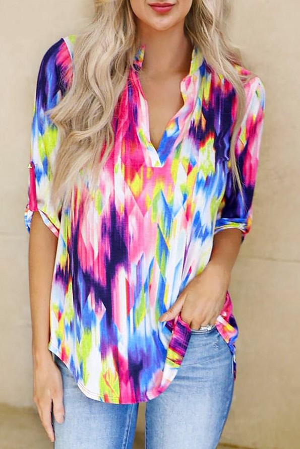 Večbarvna tie dye bluza Shiva z zavihanimi rokavi na gumb