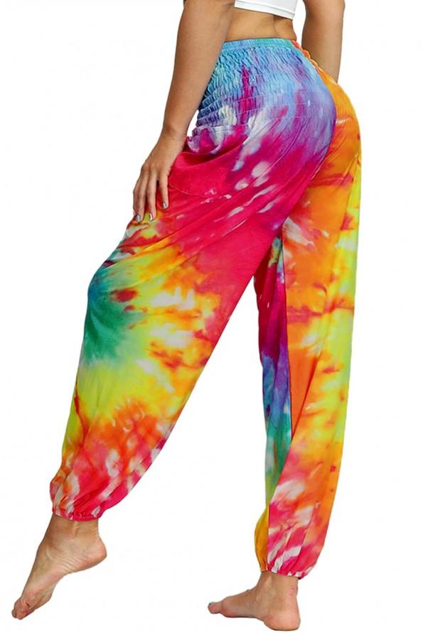Večbarvne tie dye ohlapne harem hlače Lila