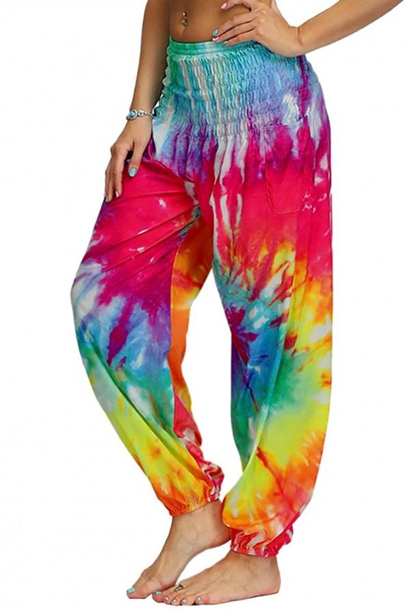 Večbarvne tie dye ohlapne harem hlače Lila
