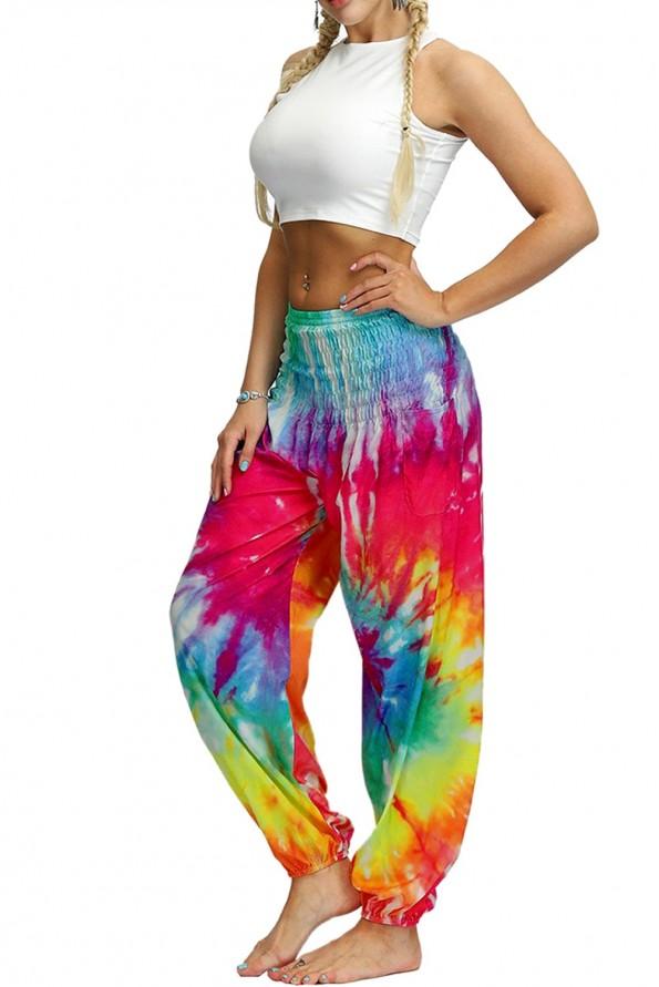 Večbarvne tie dye ohlapne harem hlače Lila