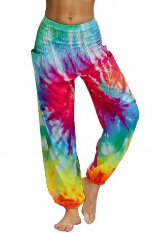 Večbarvne tie dye ohlapne harem hlače Lila