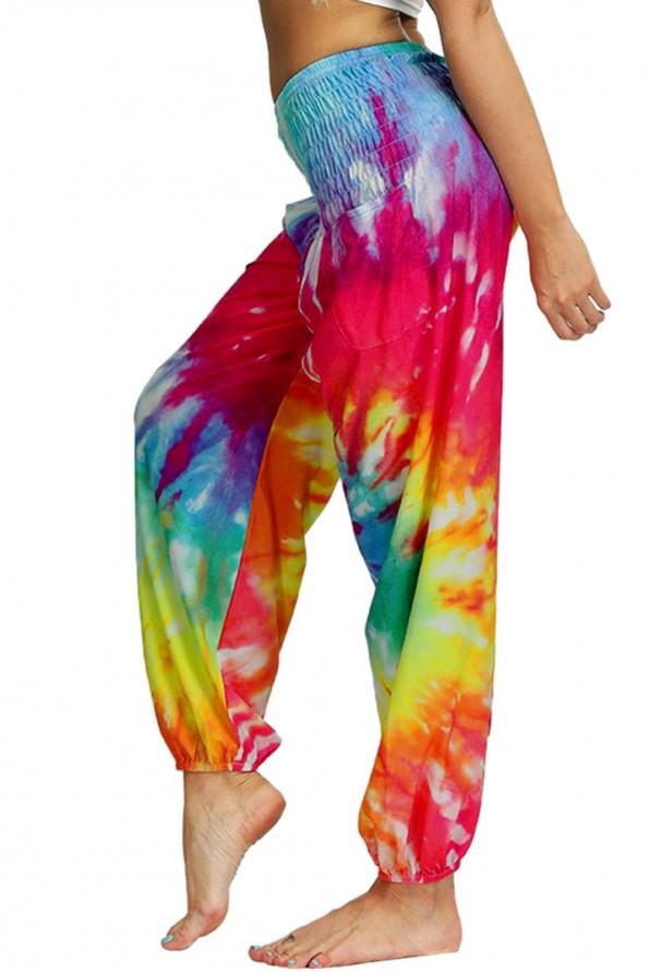 Večbarvne tie dye ohlapne harem hlače Lila