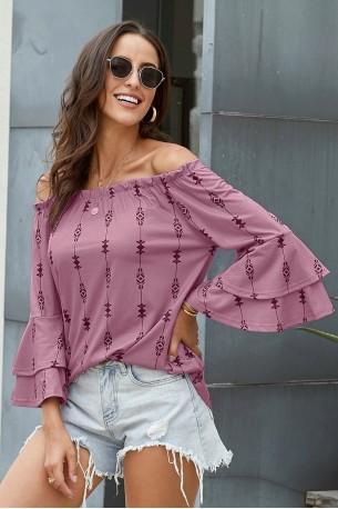 Vijolična bluza Madelynn z odprtimi rameni in cvetličnim potiskom