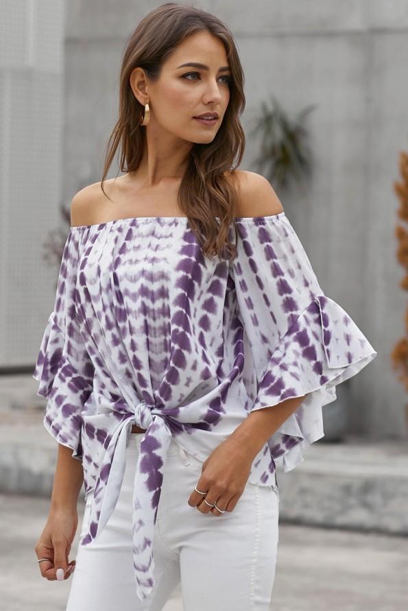 Vijolična bluza Talia s tie dry vzorcem in vozlom