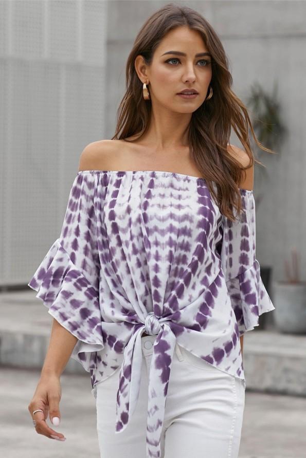 Vijolična bluza Talia s tie dry vzorcem in vozlom