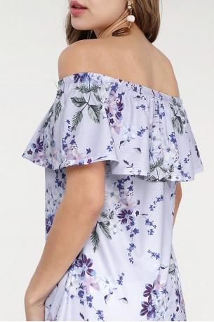 Vijolična cvetlična bluza  s carmen izrezom